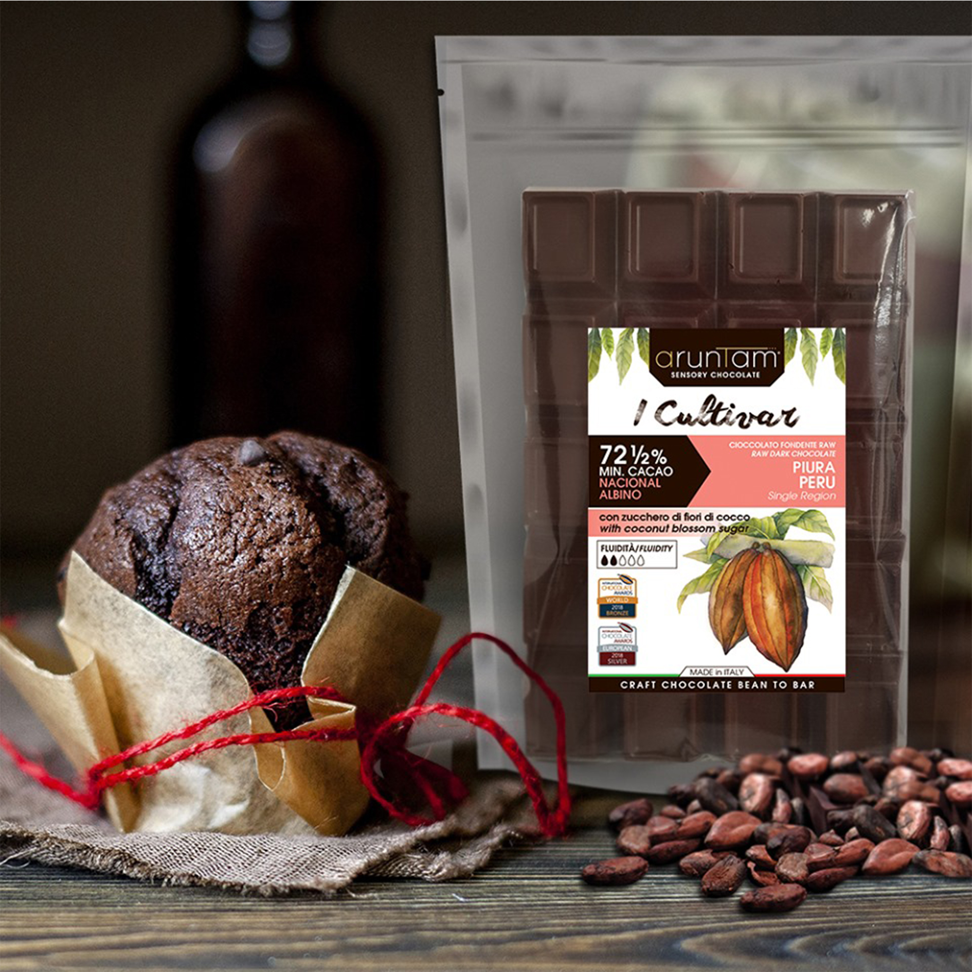 Cocoa pod and products with leaves on wooden background, top vie